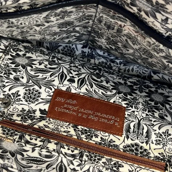 Gigi Hill Women's Black Brown Leather Tote Bag Floral Lining Shoulder Purse - Picture 8 of 9